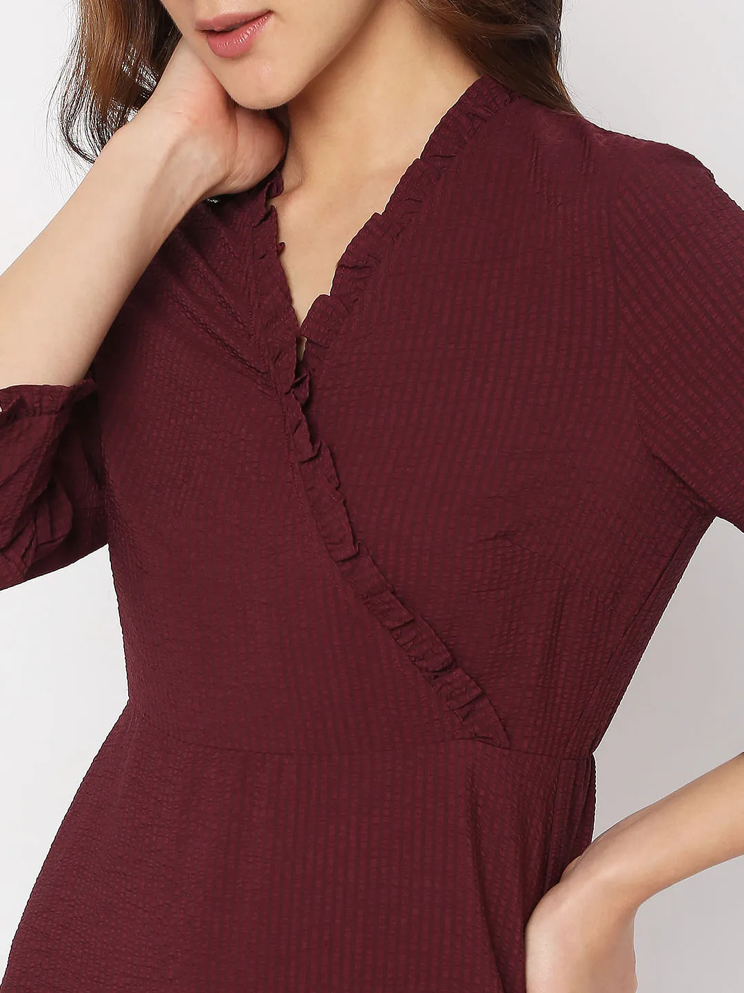 Wine Mock Wrap Shift Dress