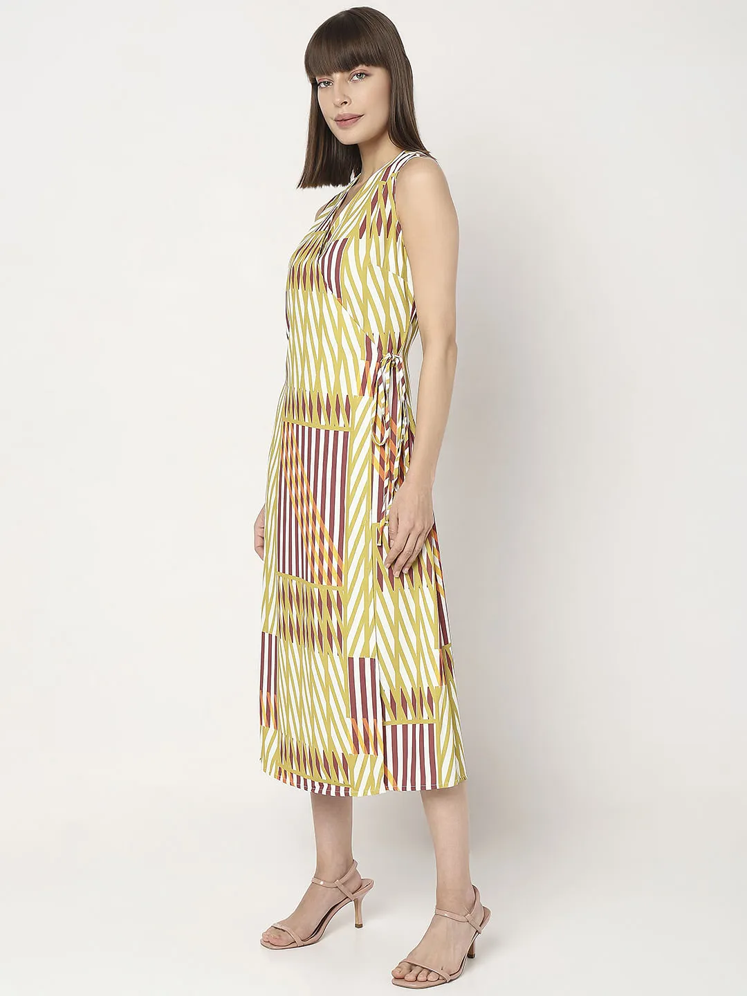 Yellow Printed Wrap Midi Dress