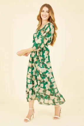 Yumi Green Blossom Wrap Midi Dress With 3/4 Sleeves