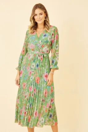 Yumi Green Floral Pleated Wrap Midi Dress