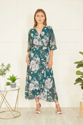 Yumi Teal Floral Wrap Midi Dress With Frill